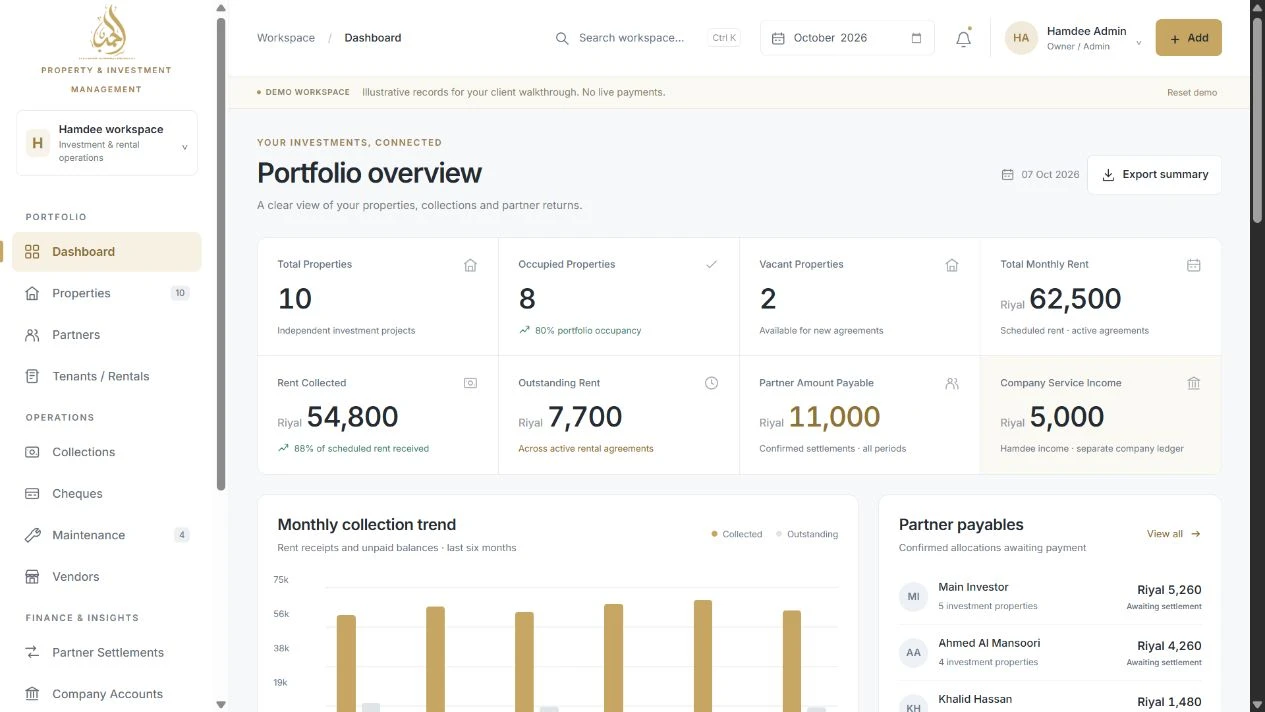 Hamdee public property demo dashboard with fictional properties, rent collections and partner payable records